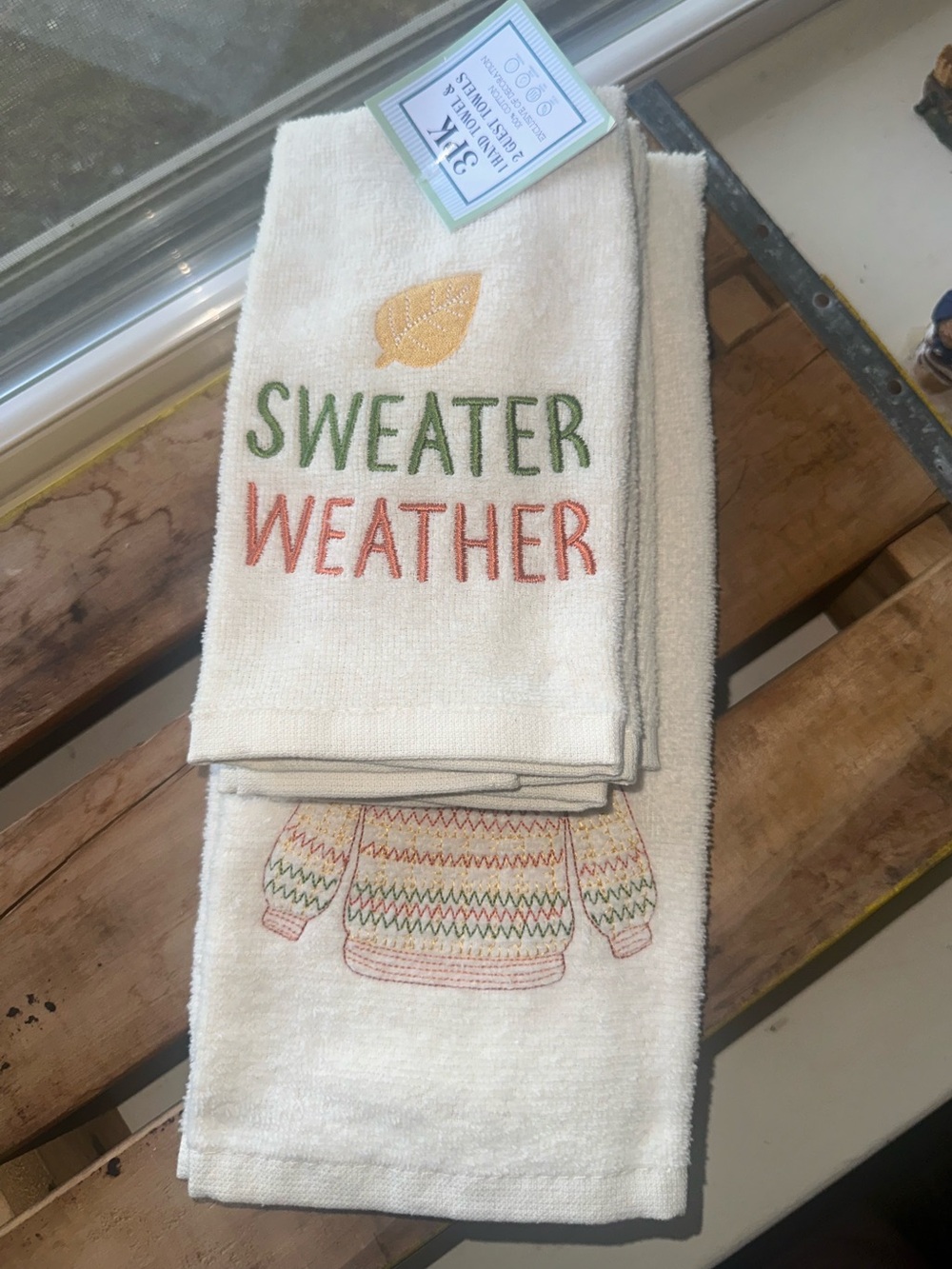 Cream "Sweater Weather" Embroidered Towel Set- 1 Hand Towel and 2 Guest Towels